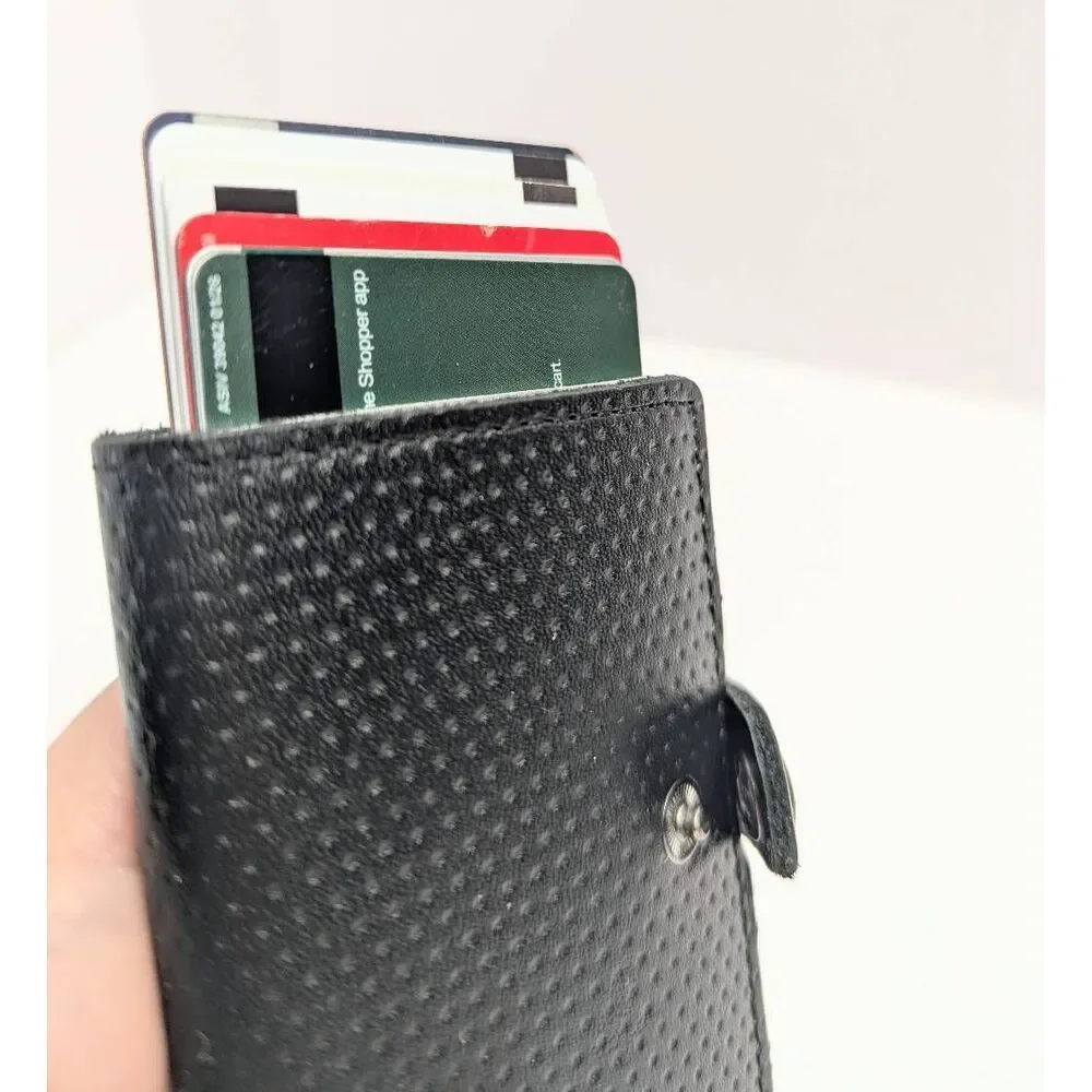 Vertue black & silver popup card button wallet with leather outer case